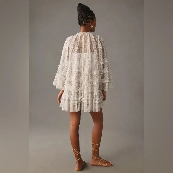 Mac Duggal Long-Sleeve Printed Mesh A-Line Mini Dress - Picture 5 of 13